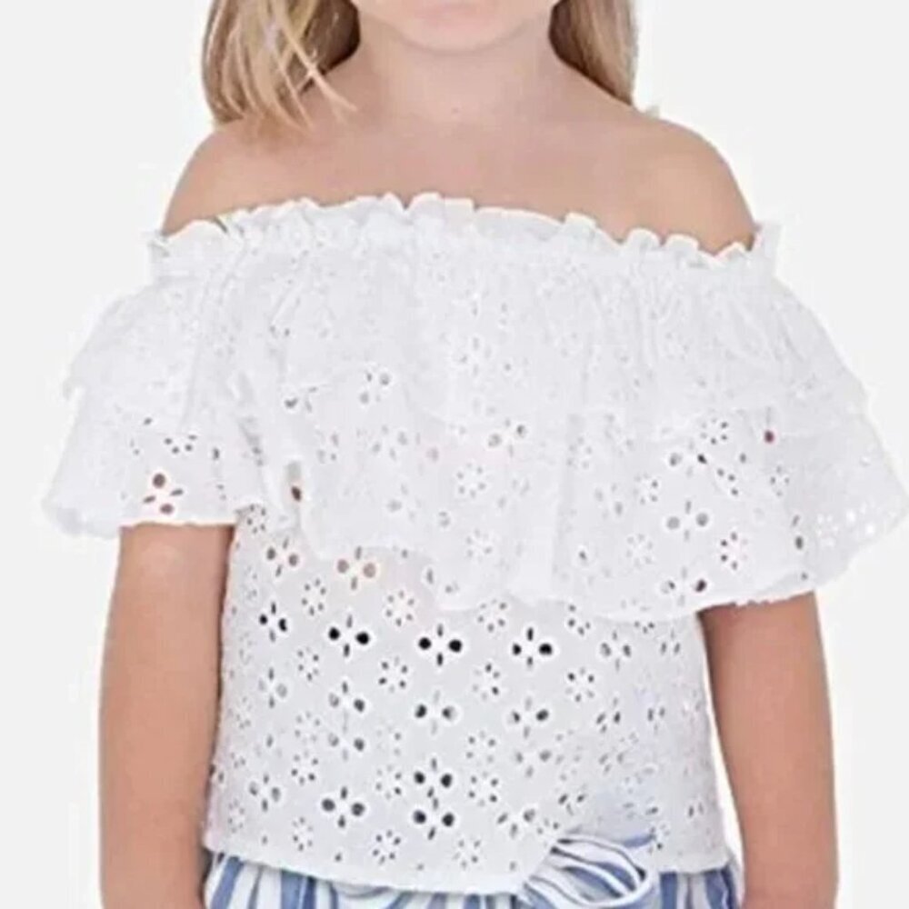 NWT Mayoral white off the shoulder embroidery eyelet little girl top size 6 (A15